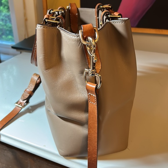 Dooney & Bourke Taupe Leather Crossbody Bag with Cognac Handles, Brass Hardware - Picture 8 of 11